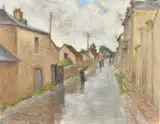French, figures with umbrellas in a French town by Constant Doré, oil on canvas, sold Jul 2023