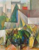 French, a view of a French town in cubist style by Jacques Gaulme, oil on canvas, sold Jul 2023