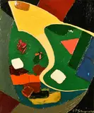 An abstract composition by Jean Pierre Stagnaro, oil on canvas, sold Jul 2023
