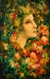 French, a head study of a female surrounded by flowers by Marguerite Bordet, oil on canvas, sold Jul 2023