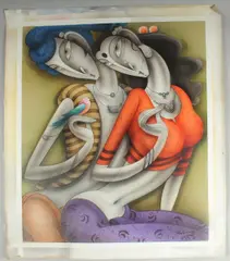 Loving Couple with Green Bird by Ramesh Pachpande, 2021, acrylic on canvas, sold Jul 2023