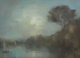 A landscape with trees near a river and the setting sun by Montague Smythe, mixed media, sold Jul 2023