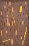 Untitled abstract in brown and yellow by Andrew Southall, mixed media, sold Jul 2023
