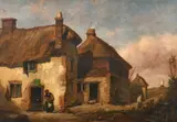 Figures by an inn with a wayfarer approaching by Richard Henry Nibbs, oil on board, sold Jul 2023