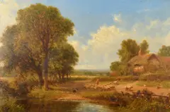 A shepherd and his flock on a country lane by Henry Maidment, oil on canvas, sold Jul 2023