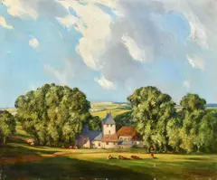 British, a scene of cows resting in an open field before a village by Harold Cornelius Heward, oil on canvas, sold Jul 2023