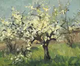 Figures in an orchard at blossom time by Ryno Frieberg, 1955, oil on canvas, sold Jul 2023