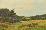 British, An extensive landscape with a hay field and figures making sheaves by Richard Gay Somerset, oil on canvas, sold Jul 2023