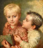 German, a study of two boys with a book by Karl Wilhelm Bauerle, oil on canvas, sold Jul 2023