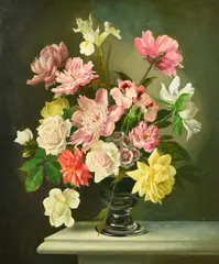British, a still life of mixed flowers in a glass vase by Michelle Bennett Oates, oil on canvas, sold Jul 2023