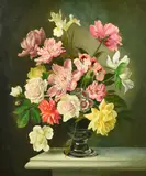 British, a still life of mixed flowers in a glass vase by Michelle Bennett Oates, oil on canvas, sold Jul 2023