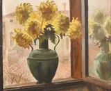 Sunflowers in a green urn on a windowsill by Pietro Sansalvadore, 1925, oil on canvas, offered Jul 2023