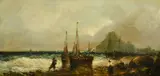 Figures and sailboats on a shore with St by E. J. Watt, oil on canvas, sold Jul 2023