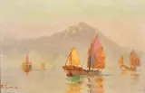 A view of junks off of Hong Kong by Thomas G. Purvis, 1926, oil on board, sold Jul 2023