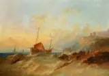 British, a fishing boat rounding a headland by William Henry Williamson, 1875, oil on canvas, sold Jul 2023