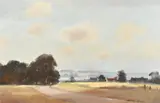 Figures on a country road approaching dwellings and a lake by Marcus Ford, oil on canvas, sold Jul 2023