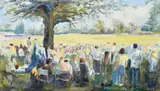 A large gathering of figures watching a cricket match by M. Riley, oil on canvas board, sold Jul 2023