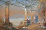 Figures under vines with a coastal view beyond by Thomas Charles Rowbotham, 1869, watercolour, sold Jul 2023
