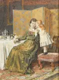Mother and child taking tea in an elegant interior by George Goodwin Kilburne, 1892, watercolour, sold Jul 2023