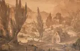 A sepia drawing of an extensive landscape with figures, houses and ruins throughout by J. Me, 1865, watercolor, sold Jul 2023