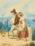 Italian, figures crossing a mountainous landscape by Bernadino Ricciardi, watercolour, sold Jul 2023