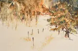 American, buildings in a snowy winter landscape by Pat Foster, watercolour, offered Jul 2023