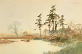 British, A river landscape scene with barges, figures outside a cottage feeding ducks, sheep grazing along the bank and other dwellings in the distance by W. Matthison, watercolour, sold Jul 2023