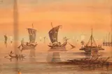 A scene of Oriental boats and figures by Frederick John White, watercolour, sold Jul 2023