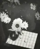A bowl of flowers on a checkered table top by Jeff Clarke, etching and aquatint, offered Jul 2023