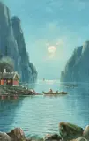 Figures in boats in fjord under moonlight by Nils Hans Christiansen, oil on board, sold May 2023