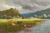 Cattle watering in a river with a castle on a hilltop beyond by Sydney M. Broad, oil on canvas, sold May 2023