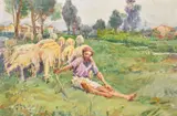 Brazilian, a shepherd and his flock in an open landscape by Oscar Pereira da Silva, oil on board, sold May 2023