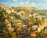 A continental view of a hillside village by Josine Vignon, oil on canvas, sold May 2023
