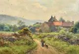 Cockerel and chickens in a landscape near a white house with a by William Ashton, oil, sold May 2023