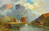 A highland view, dwellings near a river surrounded by mountains by F.e Jamieson, oil on canvas, sold May 2023