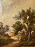 Figures on a lane near to a dwelling with chickens by W. Yates, oil on canvas, sold May 2023