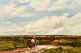 British, an extensive flat landscape with cattle and a man with two horses watering them in the river by Edmund Morison Wimperis, oil on canvas, sold May 2023