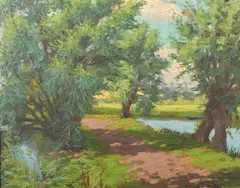 The mill stream by Rudolph Onslow-Ford, oil on board, sold May 2023