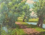 The mill stream by Rudolph Onslow-Ford, oil on board, sold May 2023