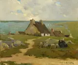 French, Female figures in possibly Breton dress seated on rocks near houses along the coast by Jack Hubert Bonnefoy, oil on canvas, sold May 2023