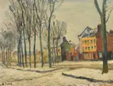 French, A snowy street scene with buildings and a row of trees along the street by August Durel, oil on board, sold May 2023