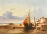 British, A coastal scene with beached boats on the shore and fisherfolk by Archibald Webb, oil on canvas, sold May 2023