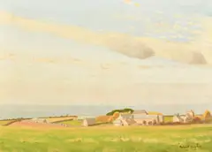 British, A view of farm buildings and houses by the sea by Robert Morson Hughes, oil on board, sold May 2023