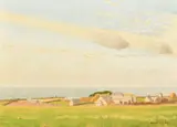 British, A view of farm buildings and houses by the sea by Robert Morson Hughes, oil on board, sold May 2023