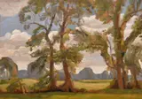 British, A pair of landscape views, one with trees the other with a church, both initialled, oils on board and each 10" x 14 by John Brown, oil, sold May 2023