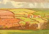 British, an extensive landscape with fields and farm buildings in the distance by Robert Morson Hughes, oil on board, sold May 2023