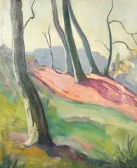 A sloping landscape with tree trunks by John Riddle, oil on canvas, sold May 2023