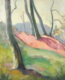 A sloping landscape with tree trunks by John Riddle, oil on canvas, sold May 2023