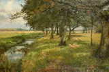 British, an extensive landscape with sheep grazing beneath trees near to a stream by Annette Elias, oil on canvas, offered May 2023