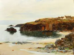British, a view of boats in Polurrian Bay, Cornwall by Richard Wane, oil on canvas, sold May 2023